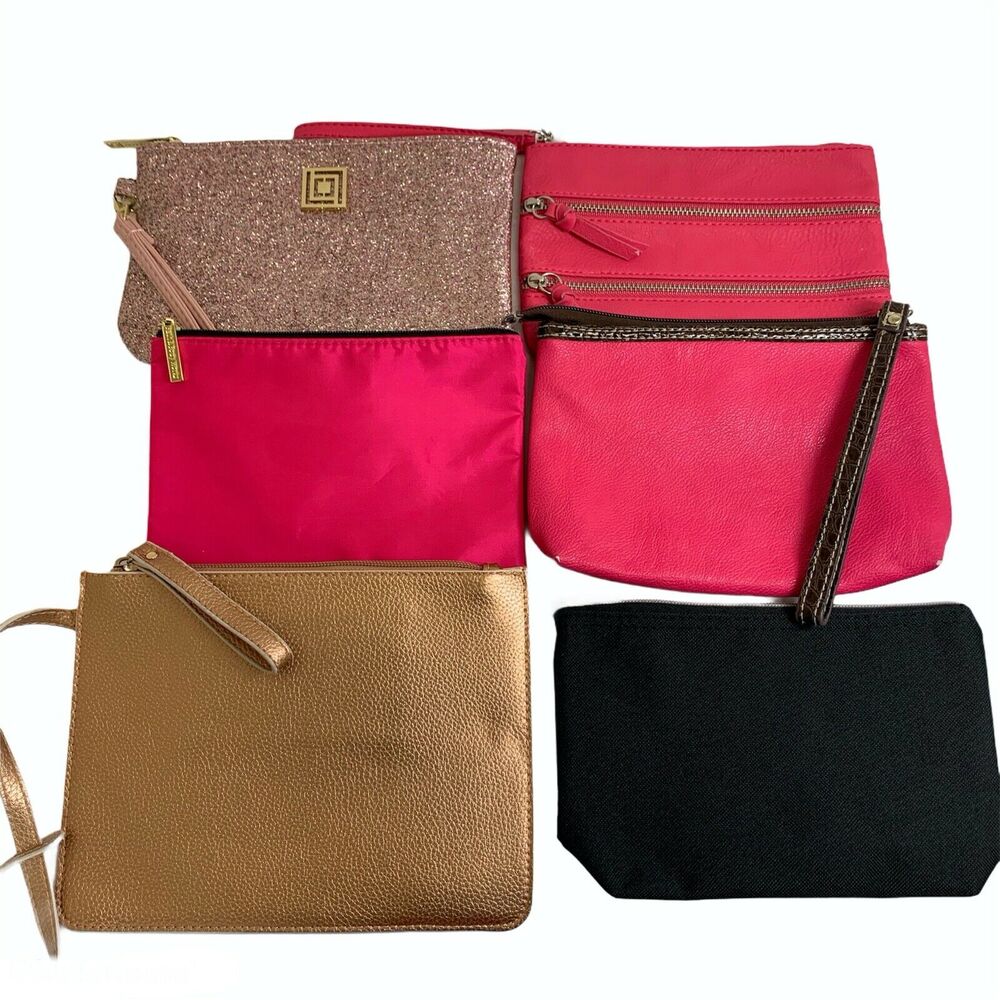 Bundle of 6 Misc Cosmetic Bags / Wristlets Totes Pink Rose Gold and Black